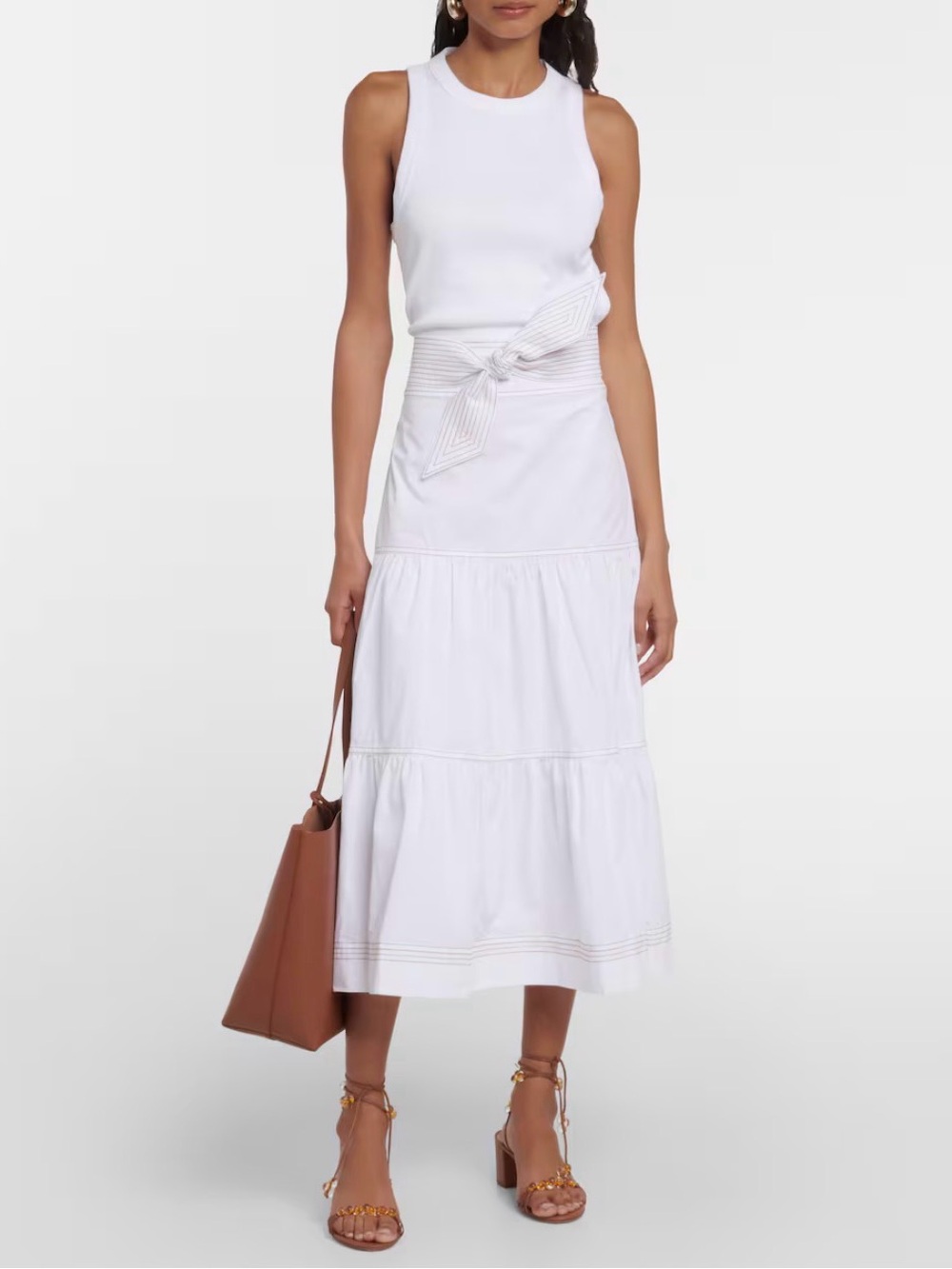Veronica Beard White Tiered Cotton Midi Skirt
